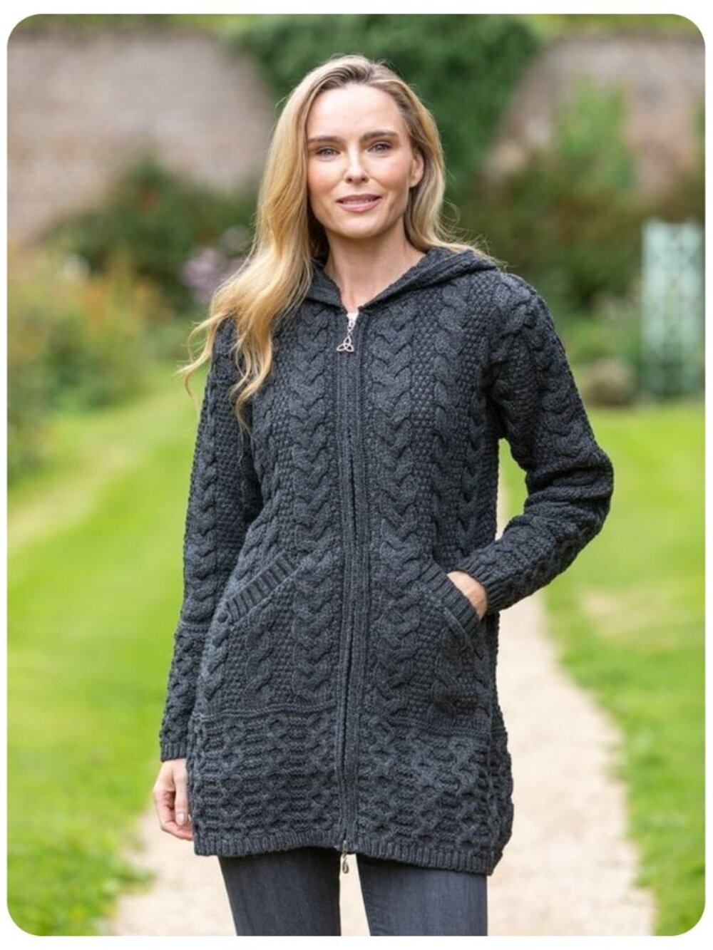 NWT Aran Crafts Ireland Merino Wool Zip-up Hooded Knit Charcoal Sweater Coat